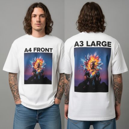 mockup da camiseta estampada frente A4 e costas A3