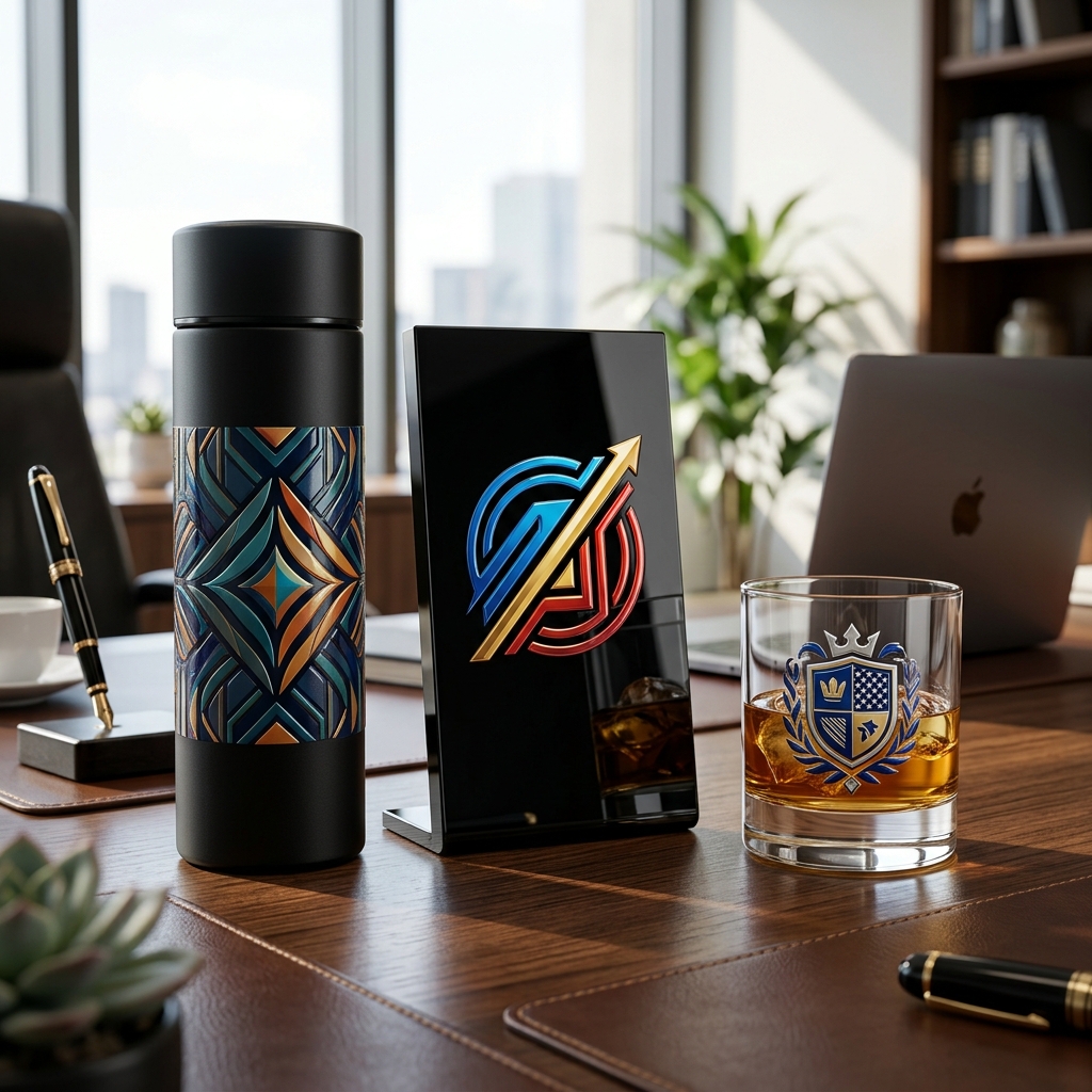 Brindes premium UV DTF personalizados em copos e garrafas térmicas