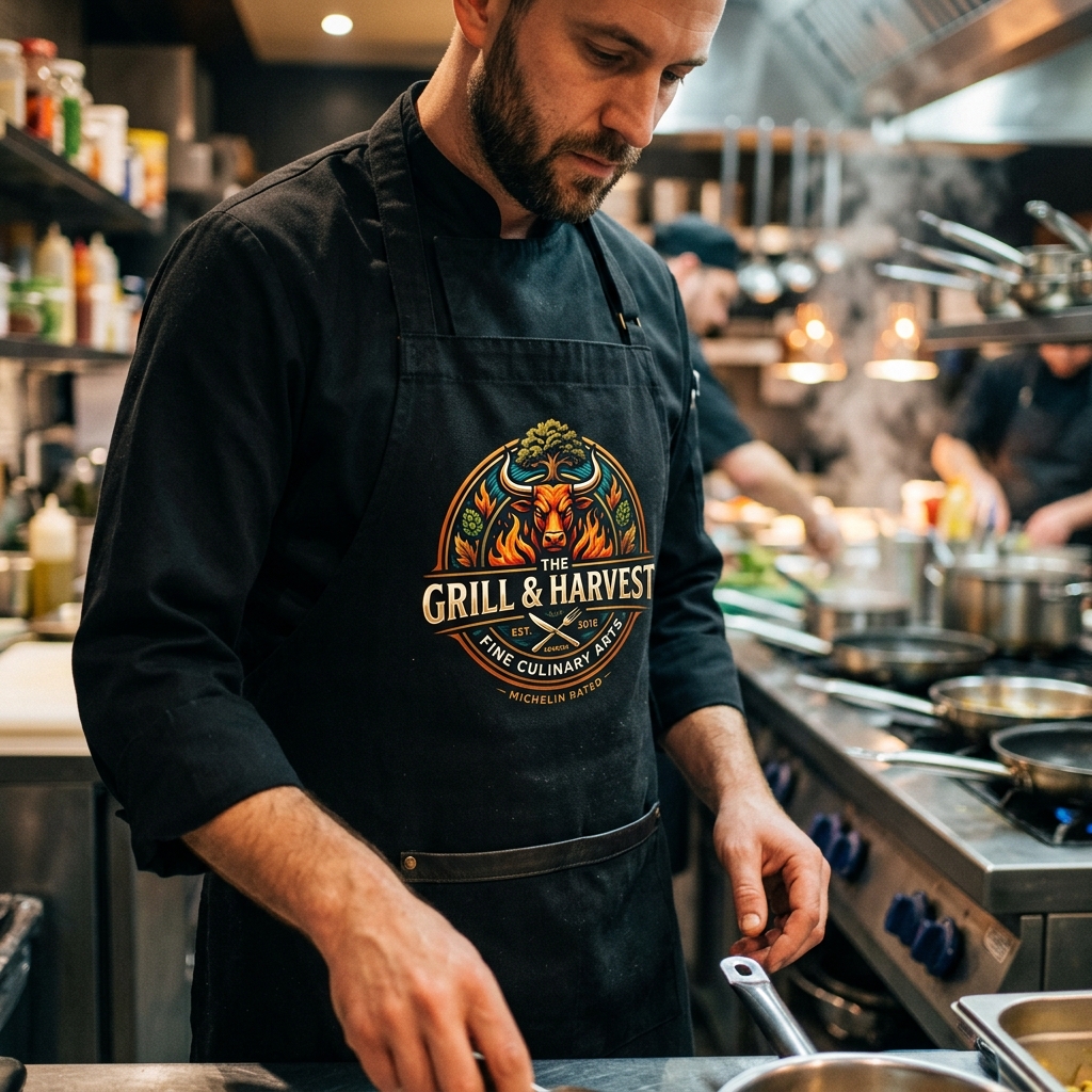 Chef de cozinha com avental preto estampado com logotipo colorido via DTF têxtil