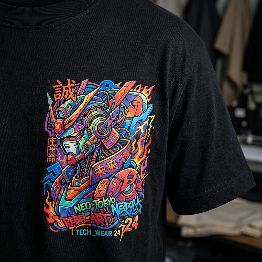 Comparativo de camiseta preta streetwear estampada com DTF Têxtil ou Silk Screen