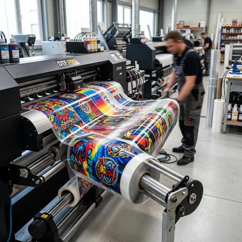 Impressora industrial produzindo rolos para terceirizar impressão DTF