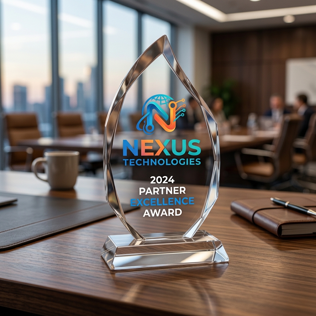 Troféu corporativo de acrílico personalizado com logomarca colorida via UV DTF em uma mesa de escritório